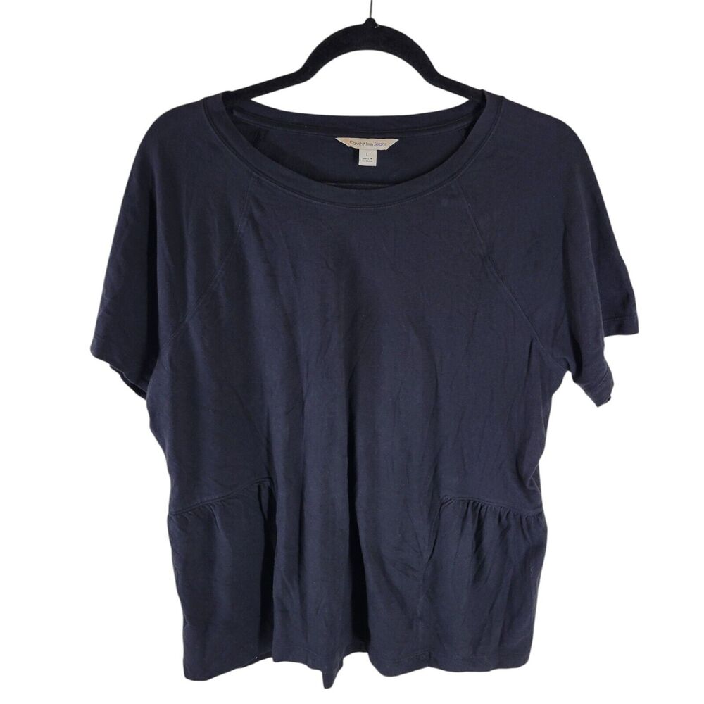 Calvin Klein Womens Sz L Blue Solid Short Sleeve Blouse